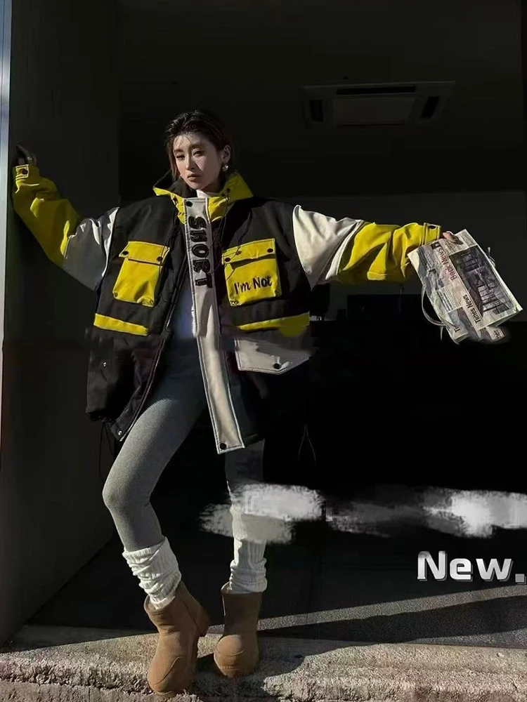 

Winter Embroidery Letter Patchwork Down Jacket Women White Duck Down Hooded Parker Outwear Female Drawstring Warm Quilted Jacke