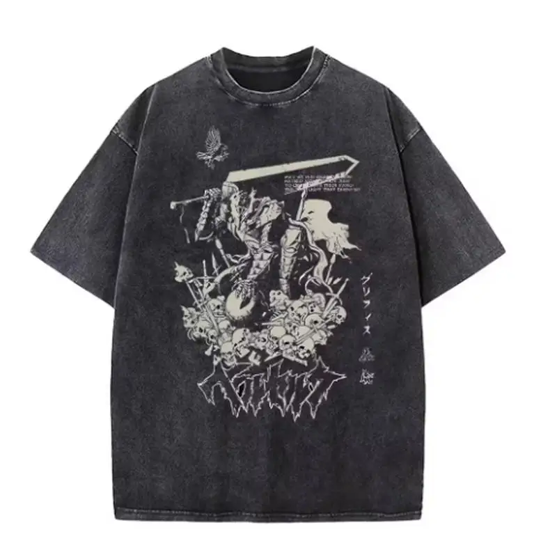 T-shirt imprimé Berserk pour homme, t-shirt vintage délavé, t-shirt graphique Anime Guts, streetwear hip hop, t-shirts décontractés, vêtements Berserk