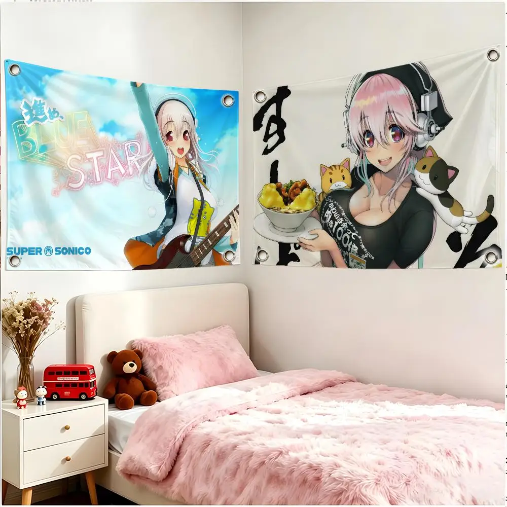 Character Anime Super Sonico Flags Borderless Four Ring Ornament Indoor Outdoor Decoration Quick Hang Install