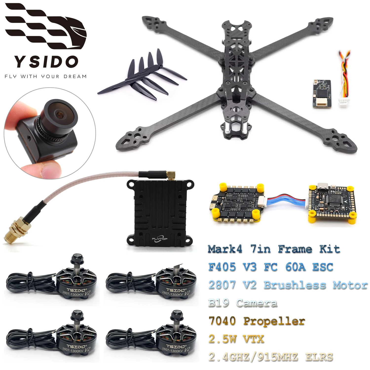 

Комплект рамы для FPV-дрона YSIDO RC 295 мм Mark4 7 дюймов с полетным контроллером F405 V3, стеком ESC 60A, бесщеточным мотором 2807, пропеллером 7040, камерой и видеопередатчиком 2.5W VTX ELRS