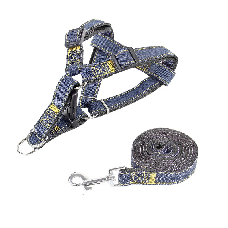 Durable Denim Dog Harness And Leash Vest Set For Pet Walking_voghion.com