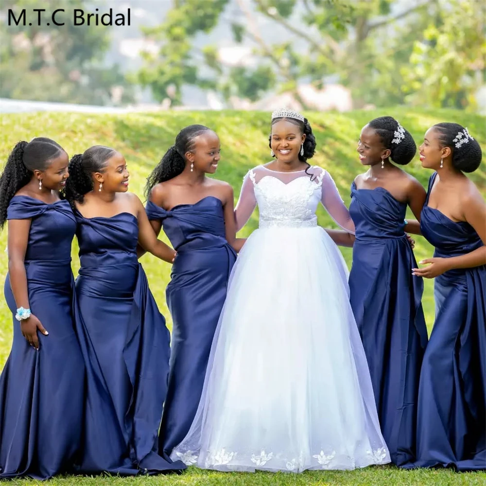 

Custom Made Navy 2025 Long Birdesmaid Dresses One Shoulder Mermaid Shiny Satin Long Wedding Guest Gowns Dropshipping