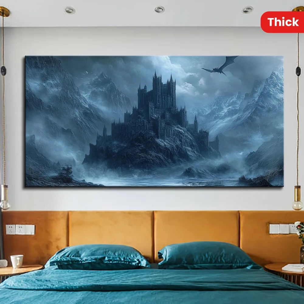 1.5 inch thick pine solid wood frame, Halloween canvas mural, suitable for living room home decor, black castle canvas painting