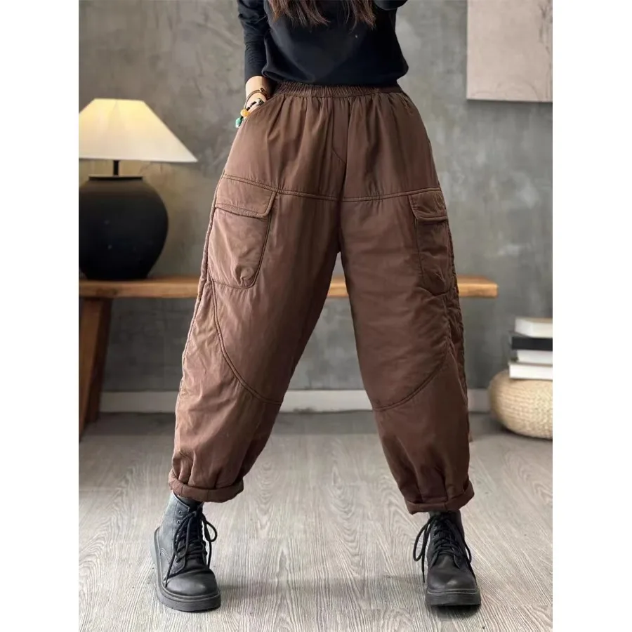 고급 여성용 겨울 면바지 신축성 있는 허리밴드 다용도 레트로 캐주얼 하란 팬츠 루즈핏 따뜻한 바지