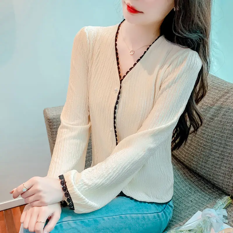 

Spring Autumn V Neck Long Sleeve Contrast Patchwork Elegant Blouse Solid Loose Vintage Shirt Tops Casual Fashion Women Clothing