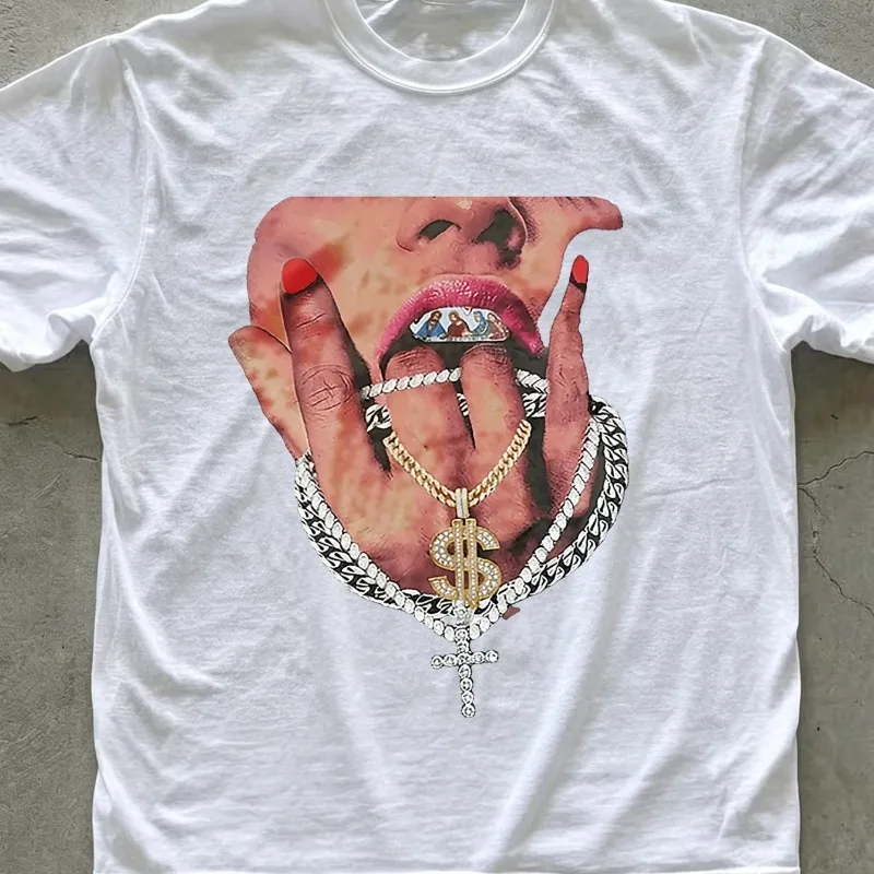 Street Style Men's T-shirt, Lip and Hand Decoration with Dollar Sign Cross Print Men's T-shirt, Summer New Unisex T-shirt