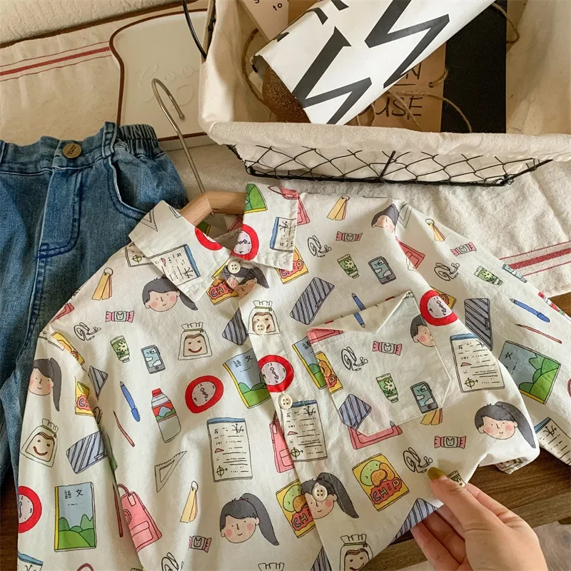 

New Arrival Korean Style Long Sleeve Cartoon Print Children's Blouses & Shirts Turn-down Collar Outwear