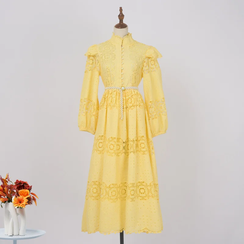 Real Shot Spot French Style Vintage Court Style Refined Handmade Lace Embroidery Dress Long Sleeve Stand Collar Solid Color Form