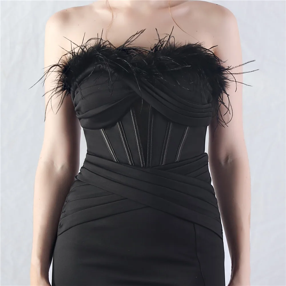 Women's Fishbone Waist Scratching Technology Orned Ostrich Hair High-end Evening Dress