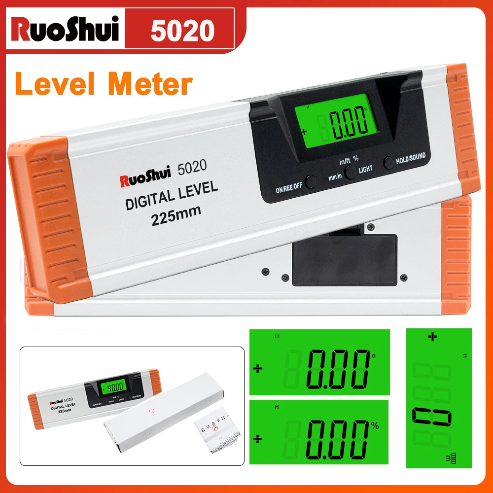 RuoShui Digital Protractor Angle Finder Inclinometer electronic Level 360 degree Aluminum Alloy Magnets Level Ruler 225mm