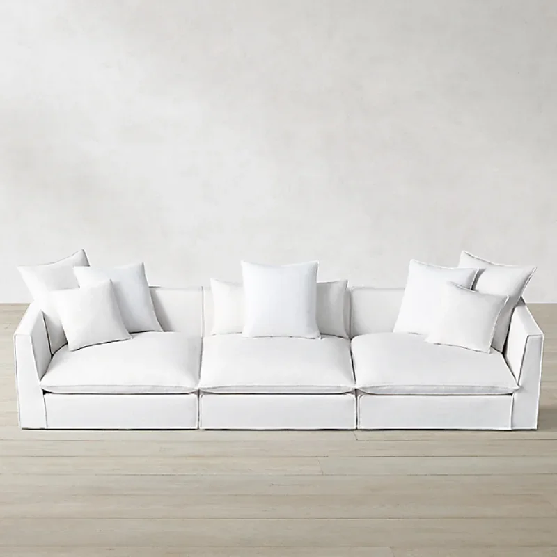 

Modern simple living room home fabric sofa rural retro white linen fabric three sand