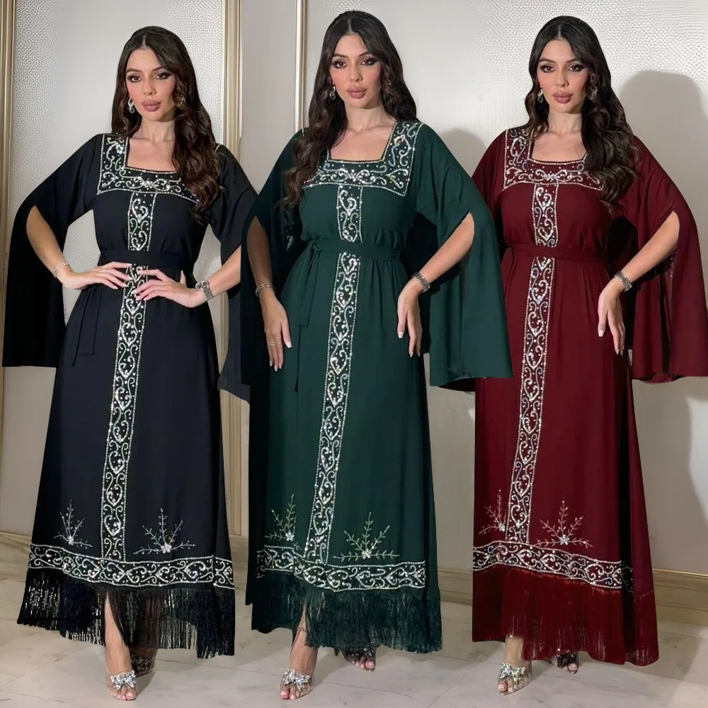 Eid Mubarak Moslim Vrouwen Abaya Maxi Jurken Jalabiya Diamanten Kwastje Gewaad Ramadan Dubai Islam Kaftan Caftan Party Avondjurk