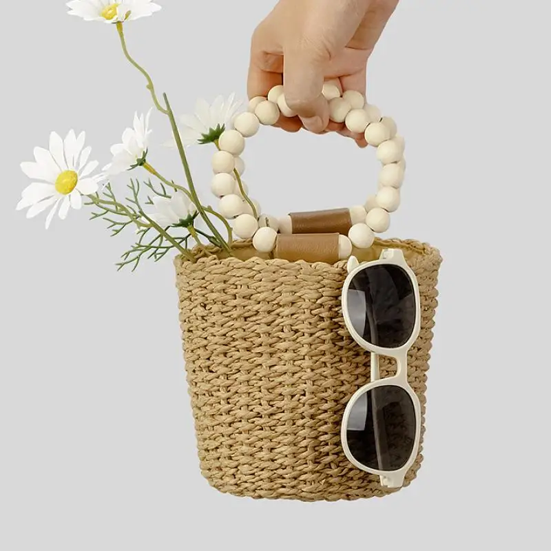 

2024 New Women Straw Woven Tote Summer Beach Wooden Bead Bag Handbag Fashion Summer Beach Holiday Woven Bucket Purses Messenger