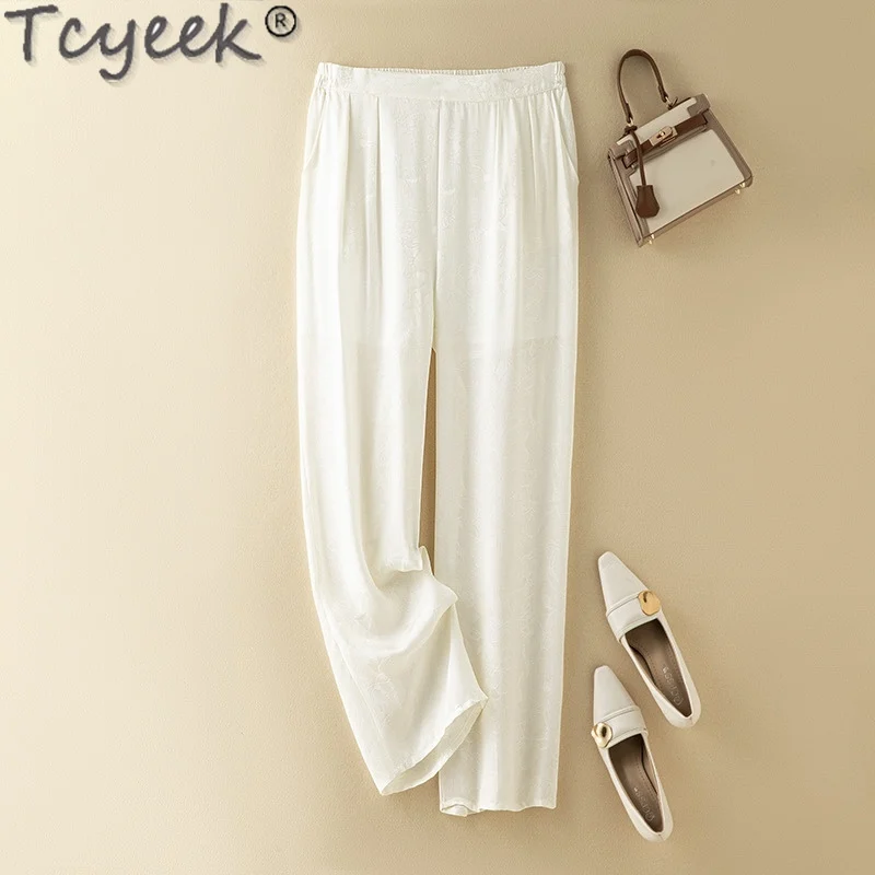 

Tcyeek 100% Mulberry Silk Pants Woman Clothing High Waisted Pants Striaight Pants Women Summer Thin Trousers Pantalones De Mujer