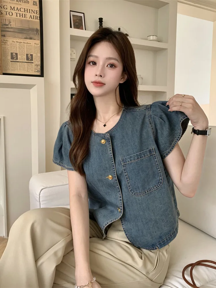 Korean style Retro Women Denim Tees Solid O-neck One Breasted Casual Tops Shirt Female Summer Fashion T-shirt