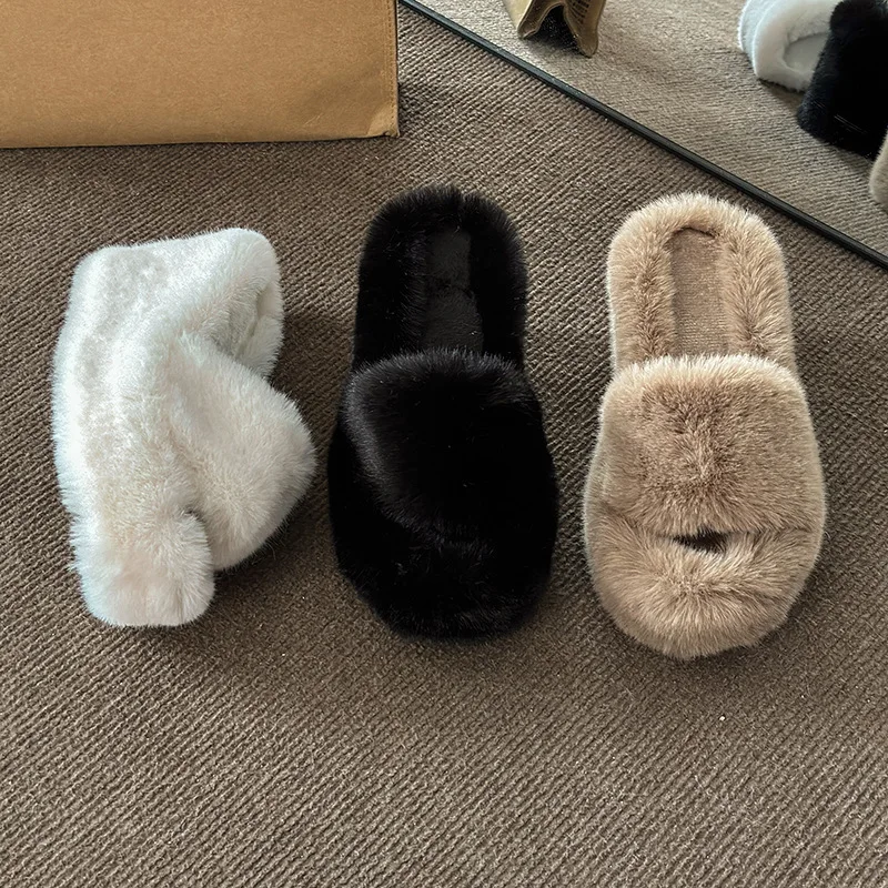 2024 Luxury New Women Feminine High-heeled Fur Drag Outdoor All-match Shoes Slippers Round Head Wedges with Mink Fur Slippers