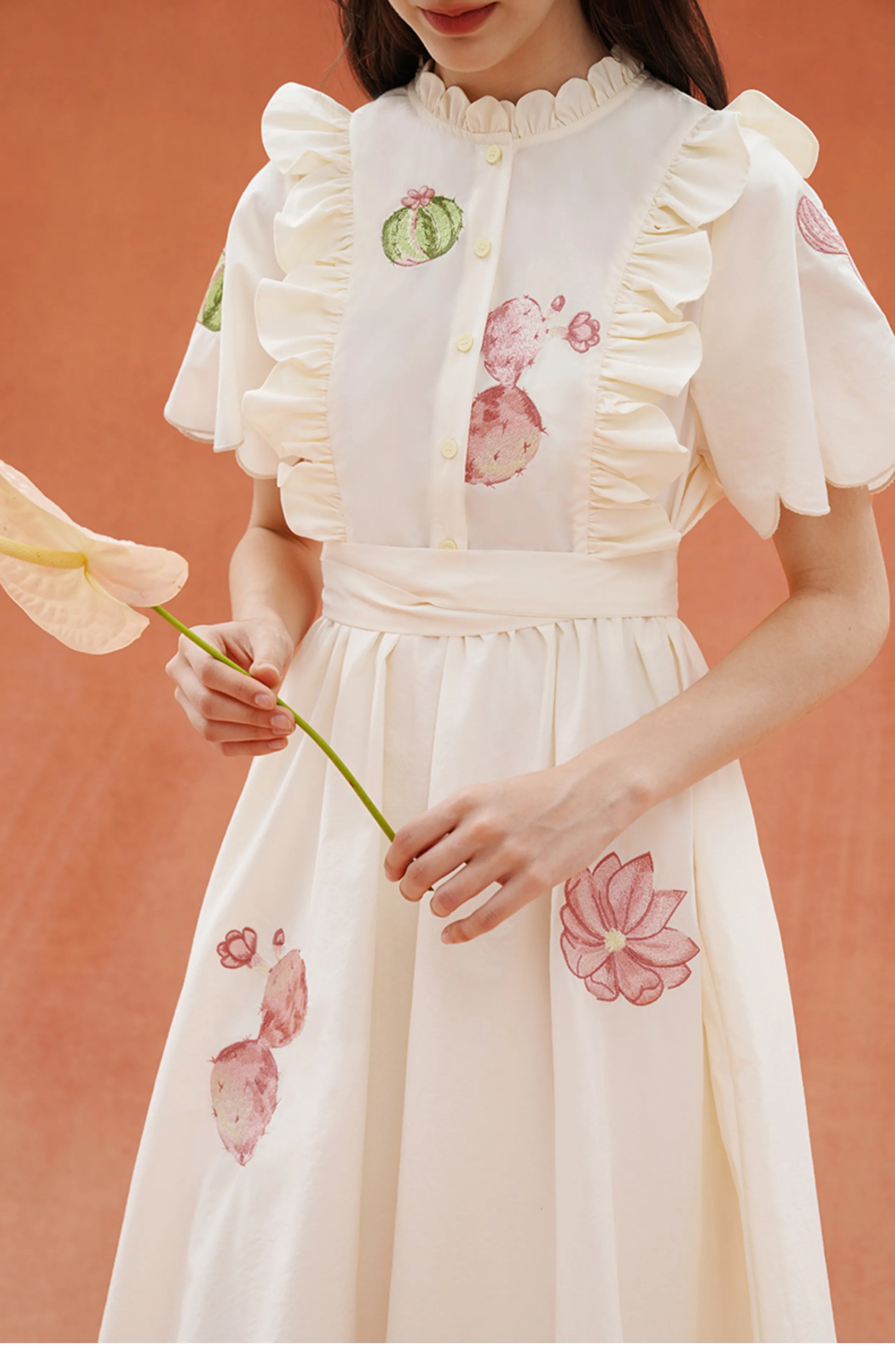 Primavera verão design original feminino luz francês retro cactus vestido bordado, esportes bowknot pétala colarinho camisa vestido