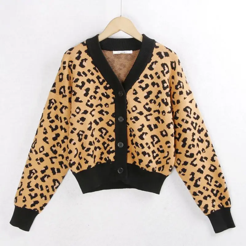 

Вязаный свитер с V-образным вырезом 366, длинный кардиган с леопардовым принтом и v-образным вырезом на пуговицах, женский модный осенне-зимний сладкий Sle ort L...