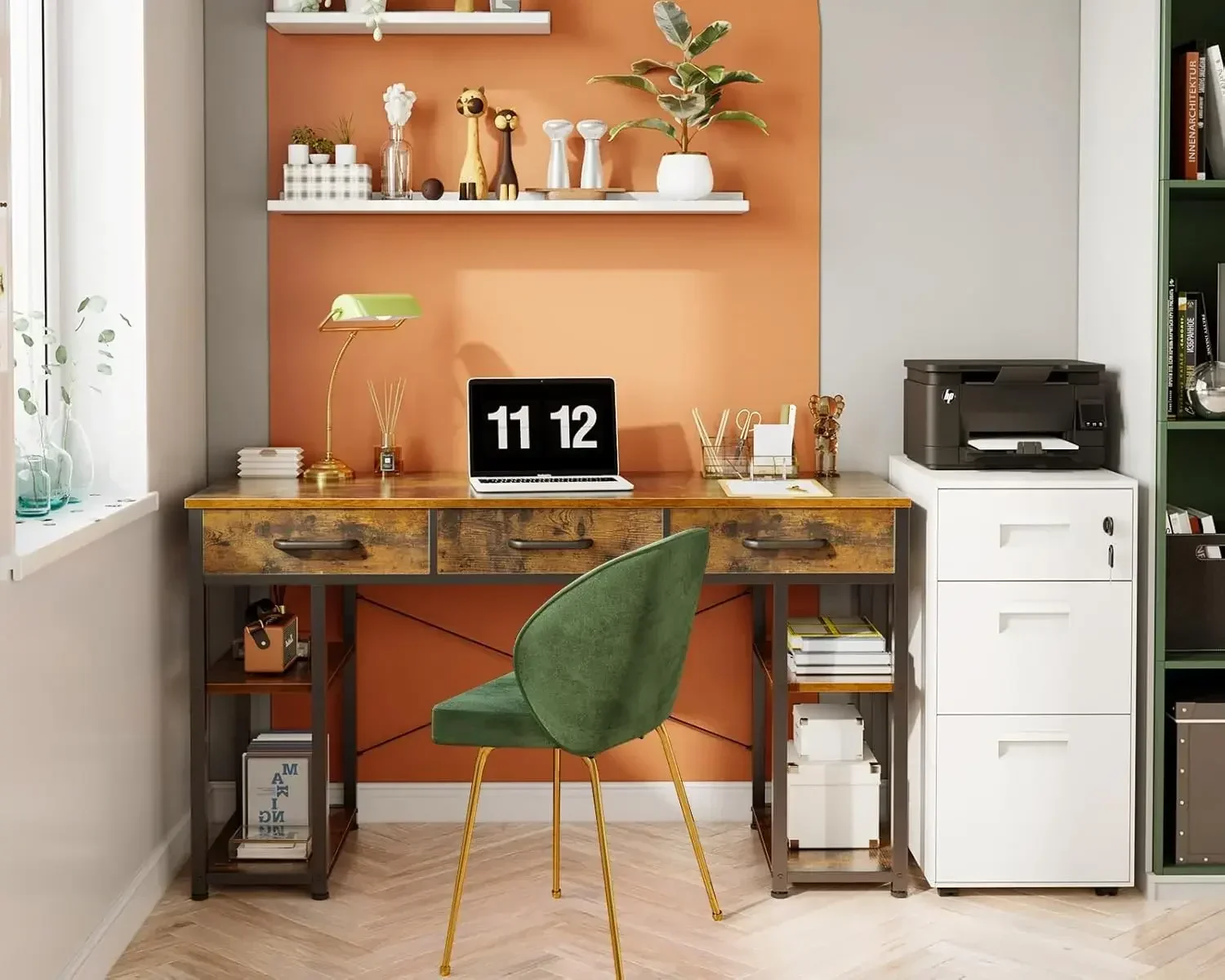 Office Small Computer Desk: Home Table with Fabric Drawers & Storage Shelves, Modern Writing Desk, Vintage, 48"x16"