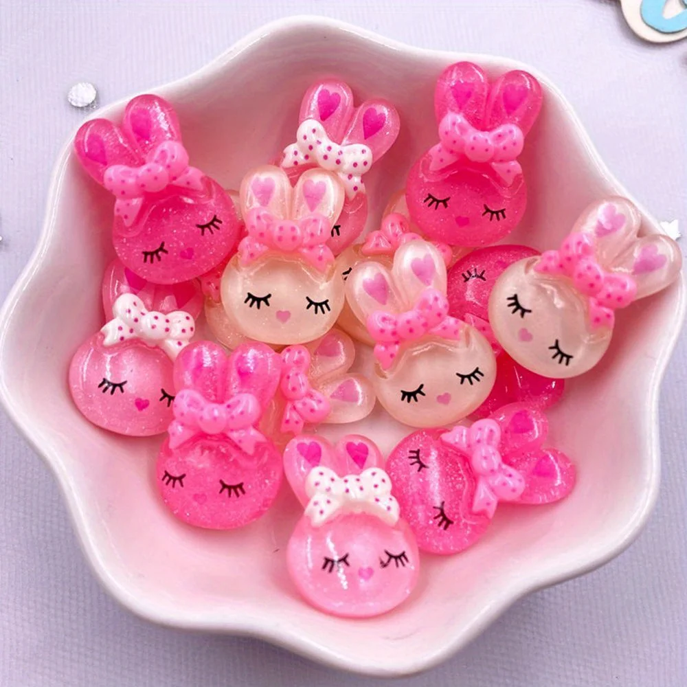 20pcs Colorful Resin Glitter Cartoon Bowknot Rabbit Figurines Flat back Cabochon Rhinestones Scrapbooks Decor Crafts Accessories