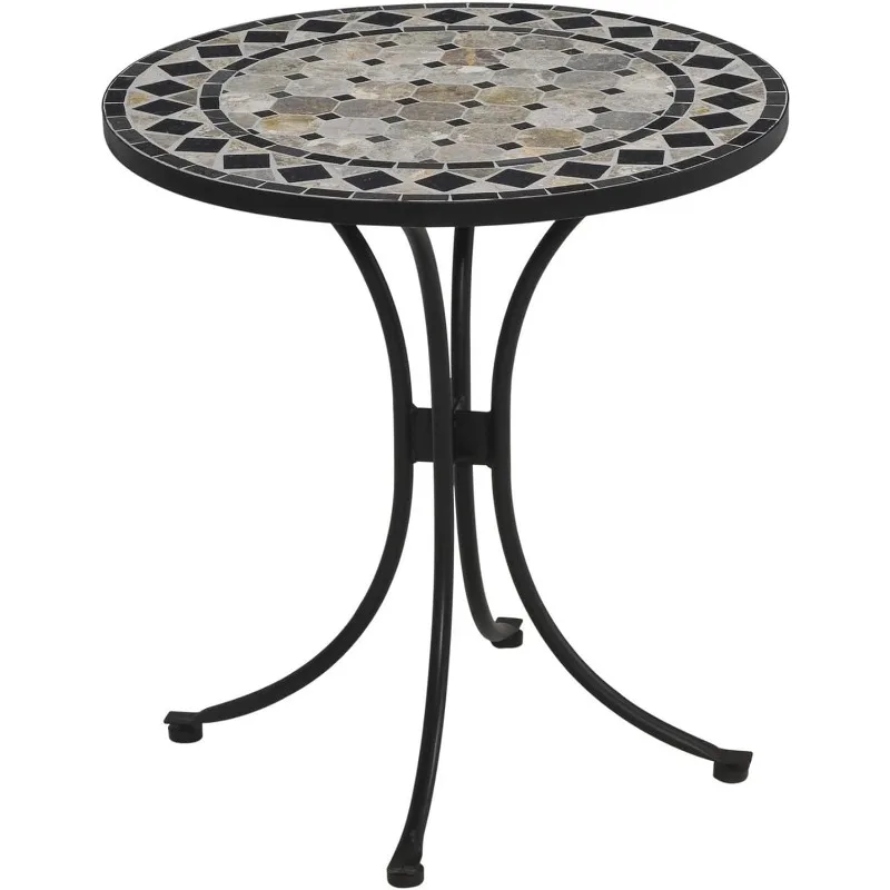 Small Outdoor Bistro Table with Marble Tiles Design Table Top Constructed From Powder Coated Steel, Black, 27.5Lx27.5Dx30H