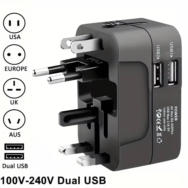 Universal AC Power Adapter with Dual USB Charging Ports, Universal Travel Plugs and Sockets, EU-US AC Power Adapter