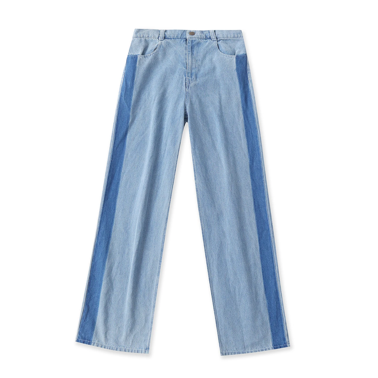 Color Block High Waist Wide Leg Jeans Women's Spring Autumn New Style Simple Match Double Pocket Elastic Waist Denim Pants