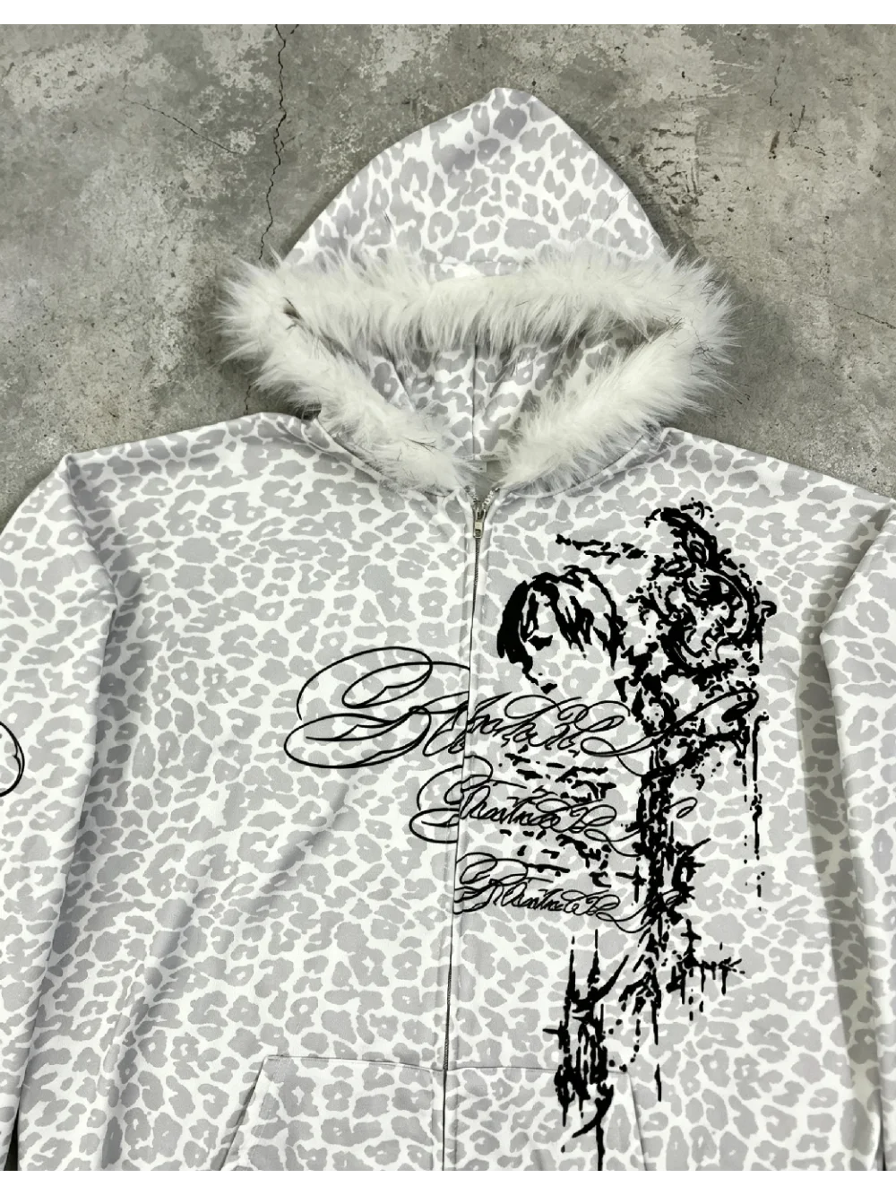 Neuer Herbst- und Winter-Retro-Punk-Goth-Kapuzenpullover mit Fellkragen und Reißverschluss, Leopardenmuster, dunkles Porträt, Blumenmuster, Street-Trend, Ins