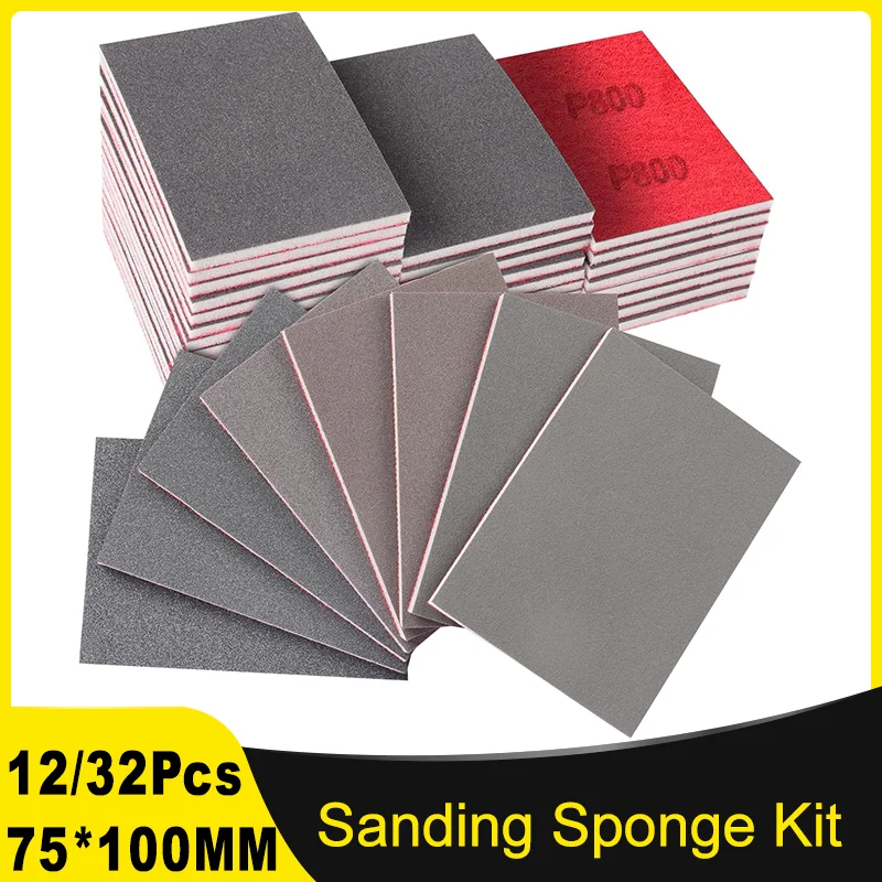 75*100MM Sanding Sponge Kit 12/32PCS 180-3000 Grit Hook & Loop Wet Dry Sanding Sponges for Wood Metal Auto Body Foam Sanding Pad