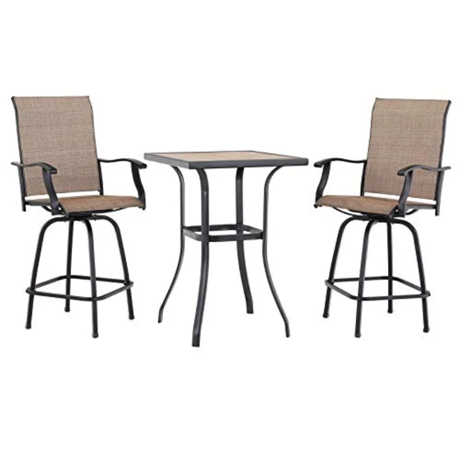3 PCS Patio Swivel Bar Sets Textilene High Bistro Sets with 2 Outdoor Bar Stools and 1 Square Bar Table Brown