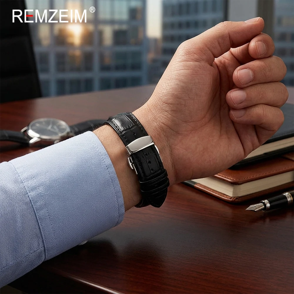 Bambusmuster-Leder-Uhrenarmband 18mm 19mm 20mm 21mm 22mm 24mm Schmetterlingsverschluss mit Geschenkbox Business-Herren-Uhrenarmband
