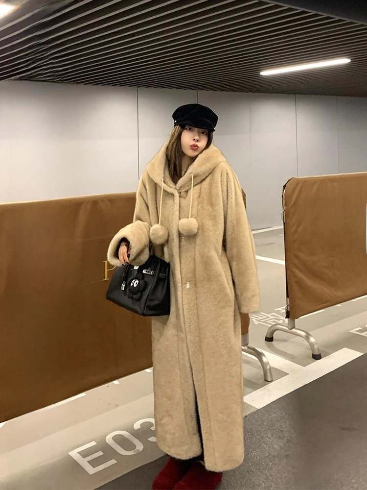 

Экологичная женская осенне-зимняя куртка из искусственного меха и кожи с капюшоном, свободного кроя, в корейском стиле, с длинными рукавами