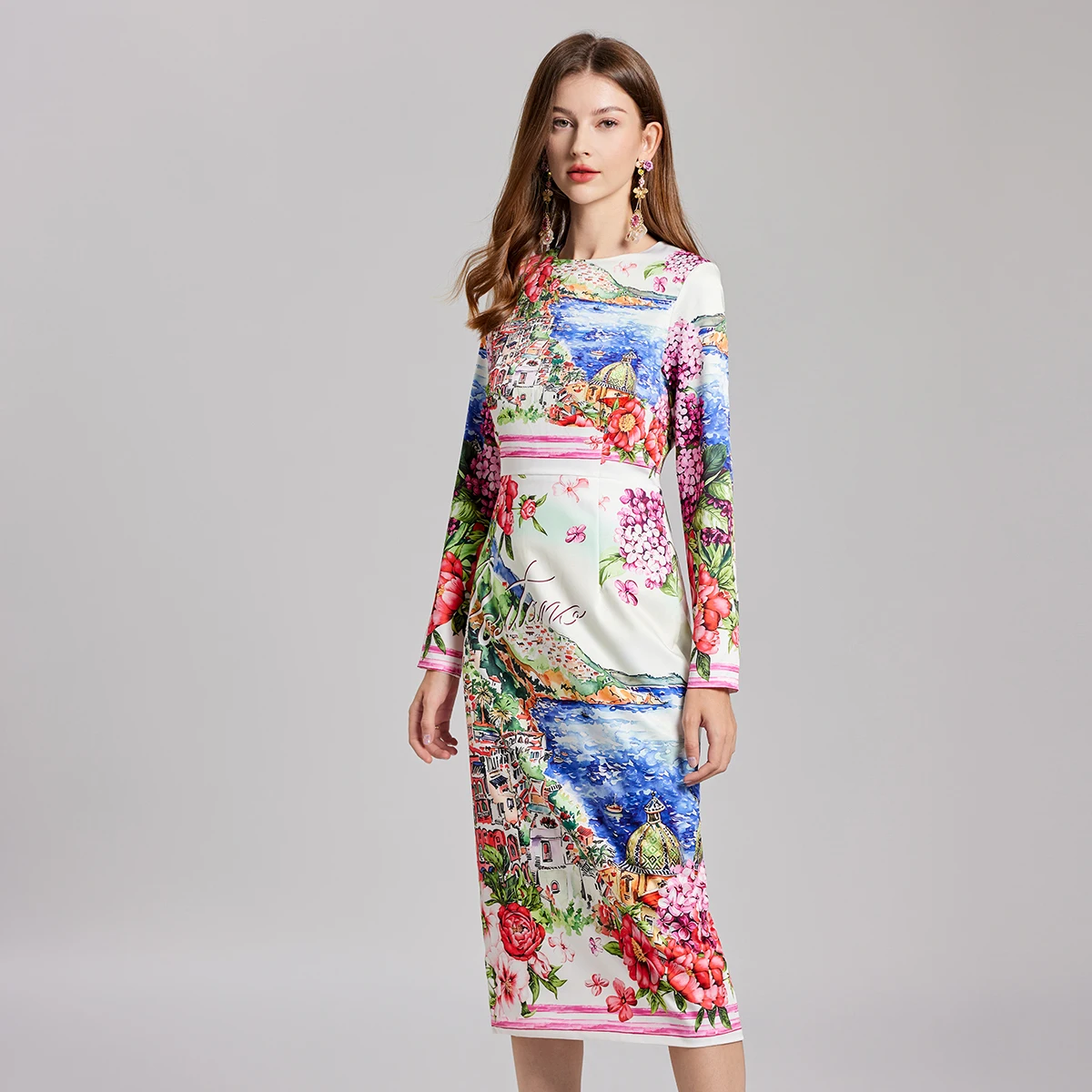 Brand Designer Autumn Long Sleeve Floral Midi Pencil Dress Women Elegant Sheath Bodycon Seaside City Print Flower Party Vestidos