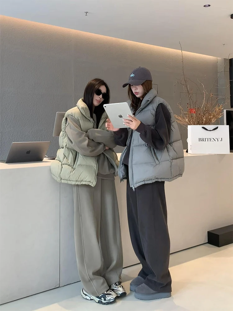 Korean Style Stand Collar Sleeveless Cotton Vest Jacket Women's Autumn Winter New Design Shoulder Bared Short Open Cardigan