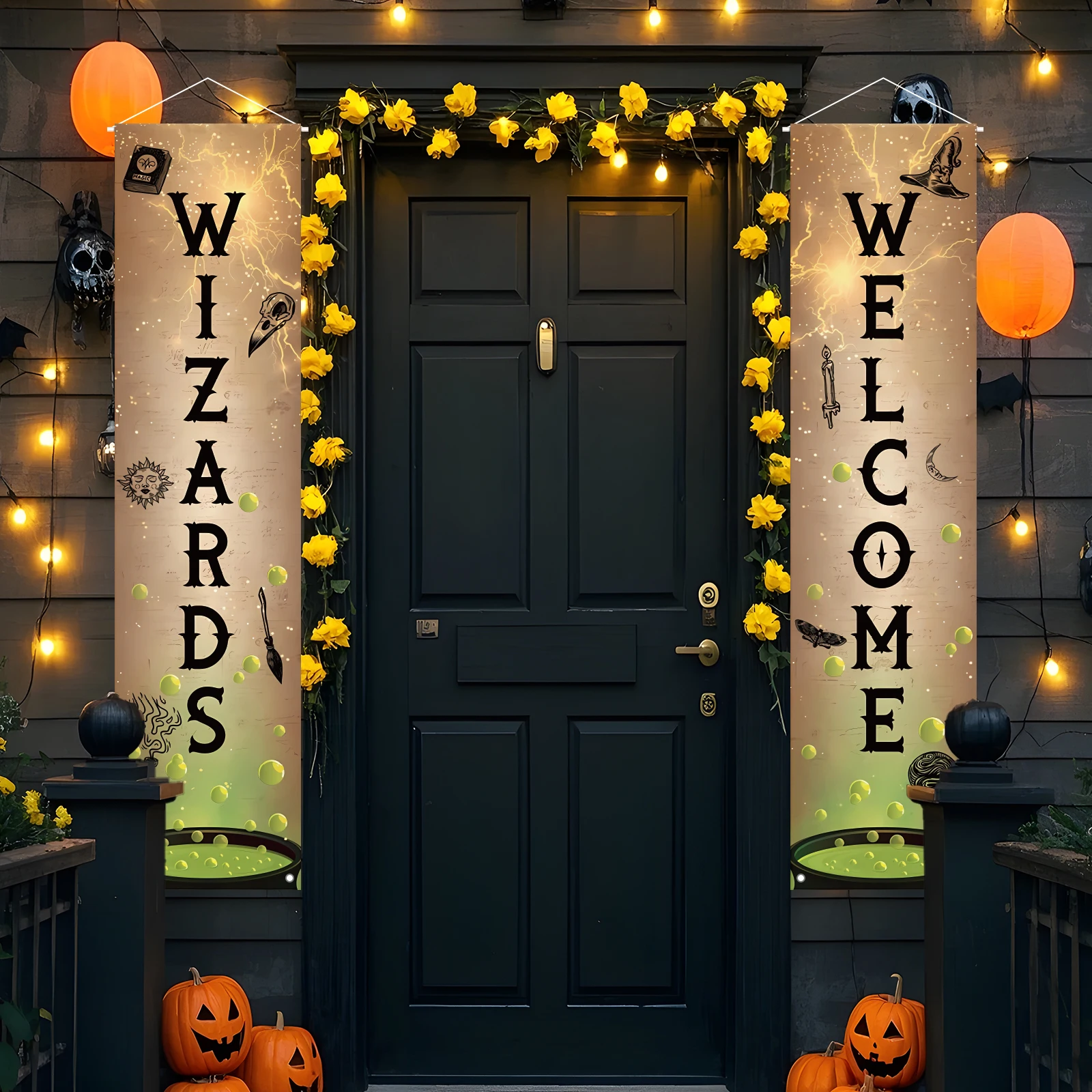 لافتة باب معالجات الترحيب مكونة من قطعتين لافتة شرفة معالج لافتات حفلات سحرية من البوليستر مع مسامير وسلسلة لسهولة التعليق #2