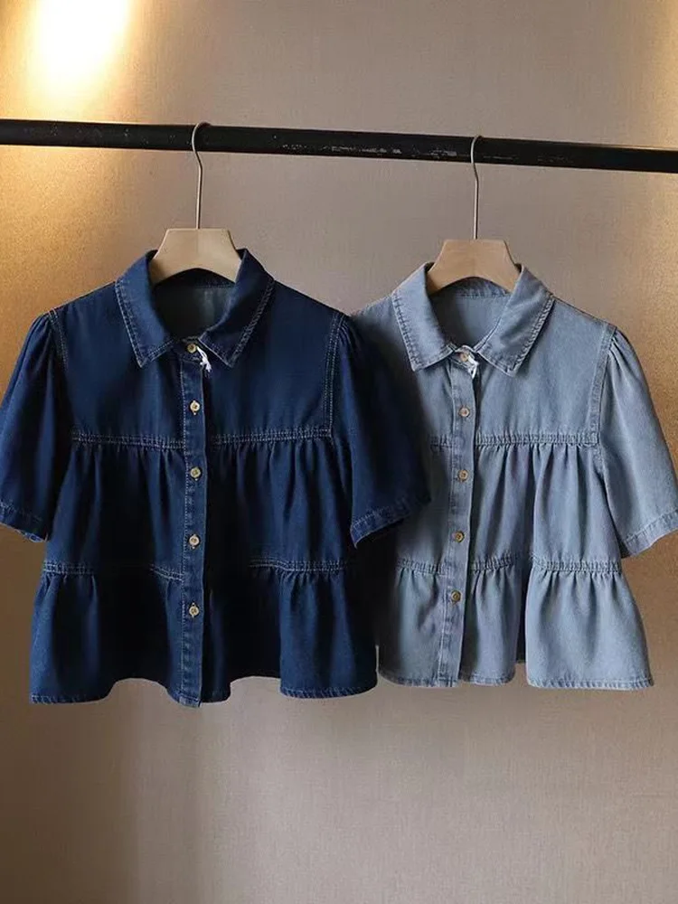 Slimming Pleated Denim Shirt Women's Collar Single Button Loose Sweet Anti-Aging Lace Trim Top Trendy Cotton Vintage Style