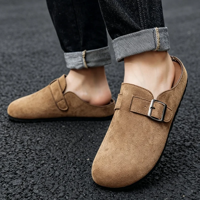 Comwarm Fashion Women's Suede Mule Slippers Men's Cork Insole Comfortable Sandals with Arch Support, Outdoor Beach Flip Slippers