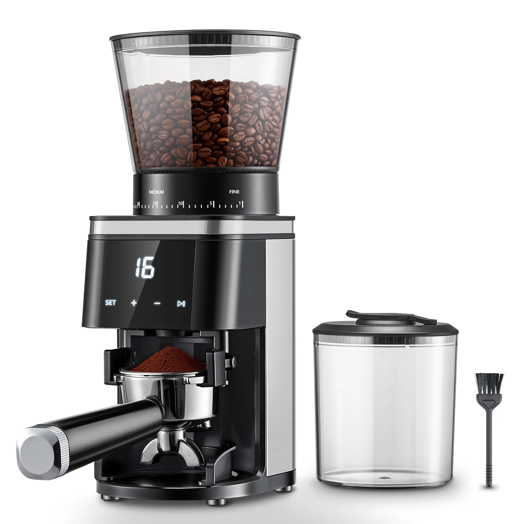 Image of Elektrische Kaffeemühle mit Kegelmahlwerk, 30 Mahlgrade, LCD Touchscreen, Timer, Siebträgerhalter für 51/53/58mm, 300g Bohnenbehälter, Antistatisch, Edelstahl