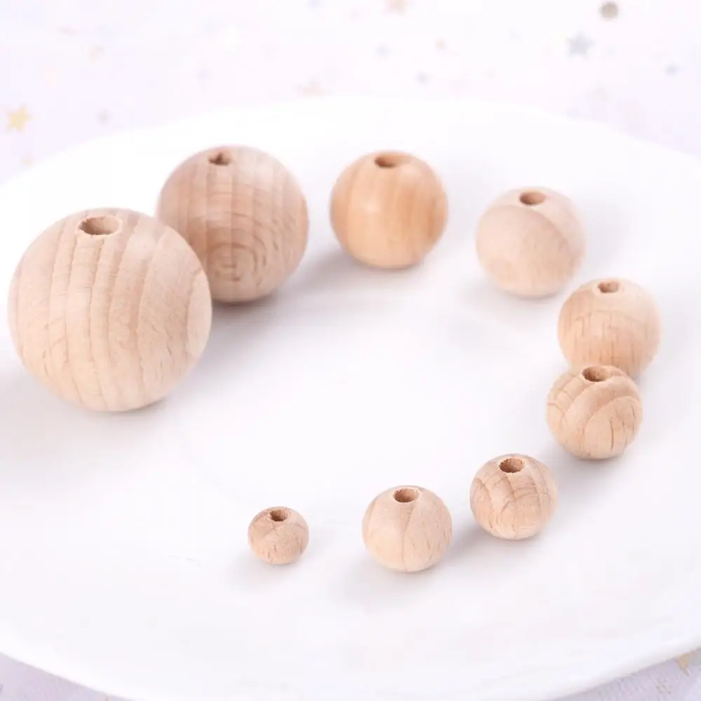 20-60Pcs Beech Ball Wood Spacer Beads 8-30mm Round Wooden Loose Beads For Charm Bracelet Baby Safe Teether Pacifier Chain