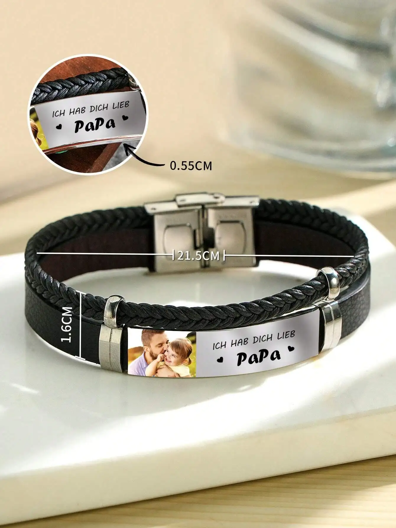 Customized Photo Leather Bracelet with Personalized Text Photo Bracelet Double Layer Black Leather Bracelet Jewelry Gift for Men - Image 3