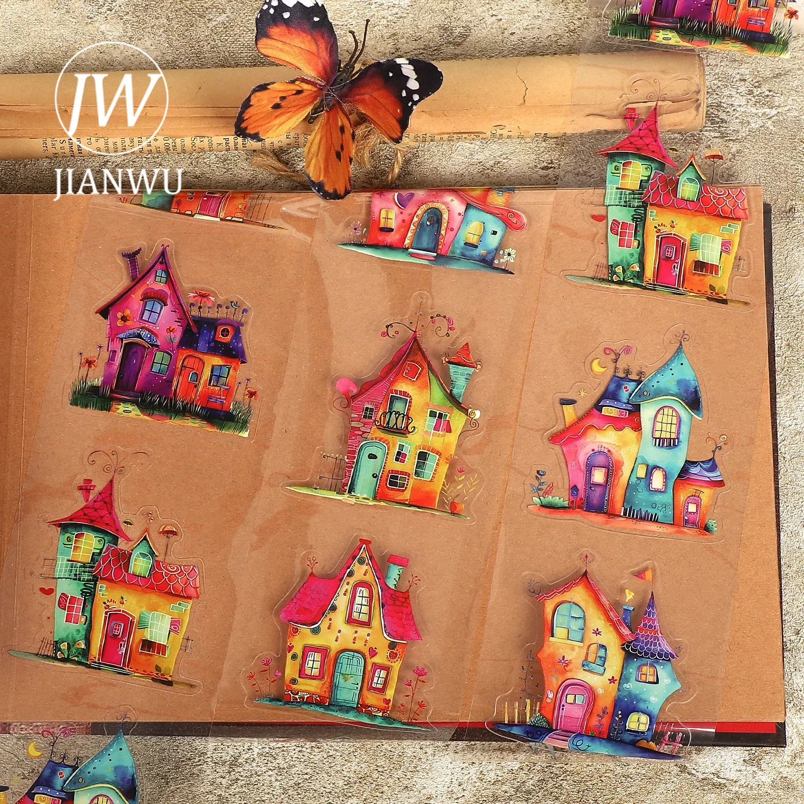 JIANWU 80mm*200cm Vintage Quirky Houses Landscape Material Collage Scrapbooking PET Tape Creative Journal Stationery