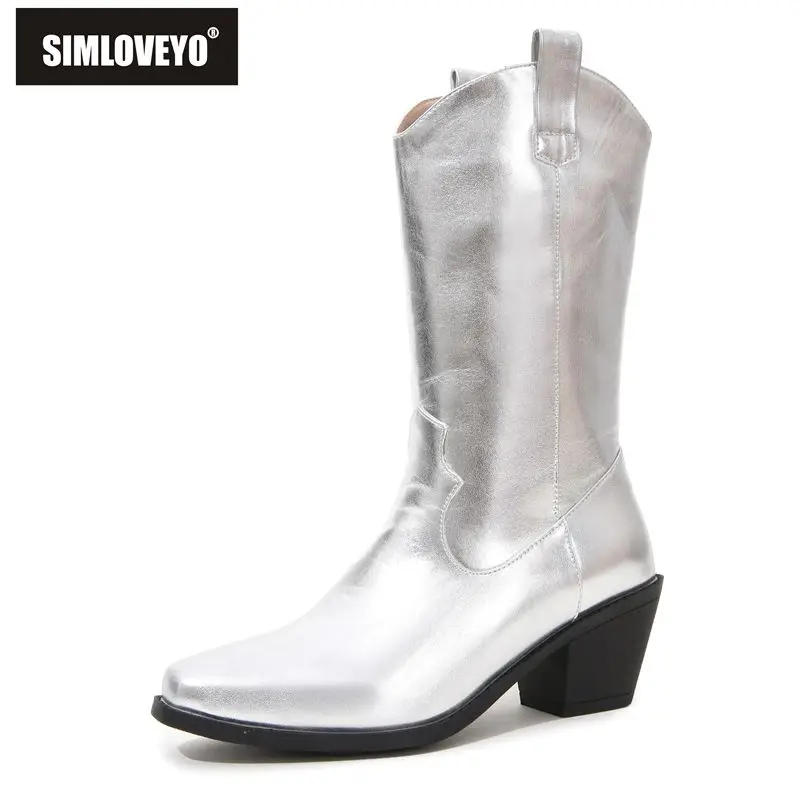 

SIMLOVEYO Women Western Cowboy Boots Square Toe Chunky Heels 6cm Slip On Plus Size 43 44 45 Soft Daily Female Bota Gold Silver