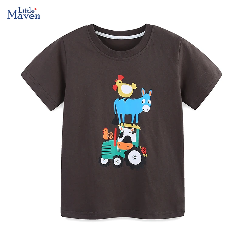 Little Maven 2025 Autumn Spring Tops Kids Clothes Children's Clothing Baby Boys Cartoon Fire Truck T-shirts Cotton 2-7 Years