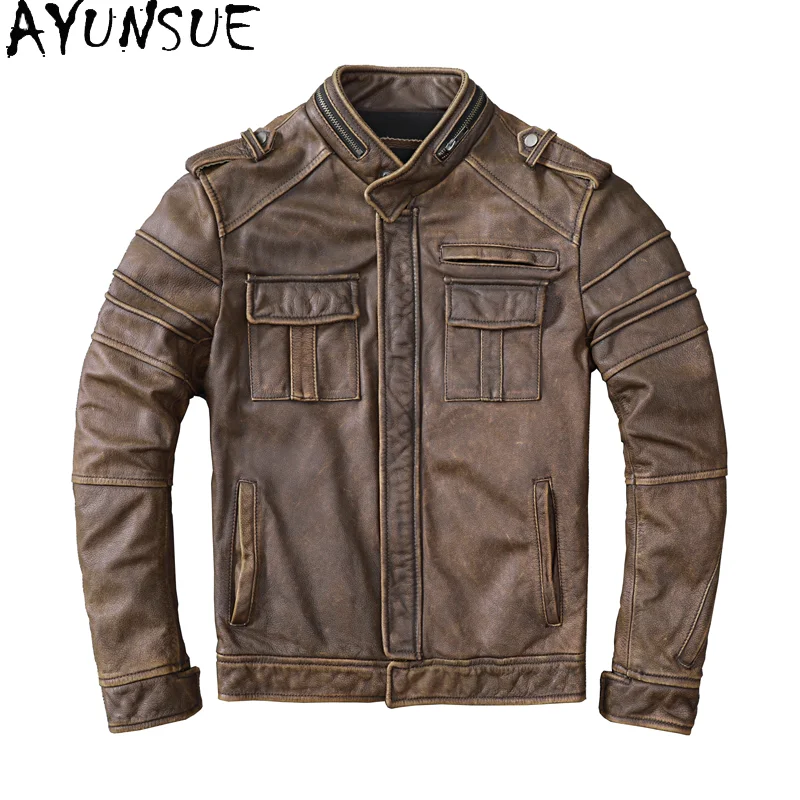 AYUNSUE Rétro Style Veste En Cuir Hommes Vêtements Court Moto Vestes En Cuir De Vache Automne CombSize S-5XL Veste Cuire zones me