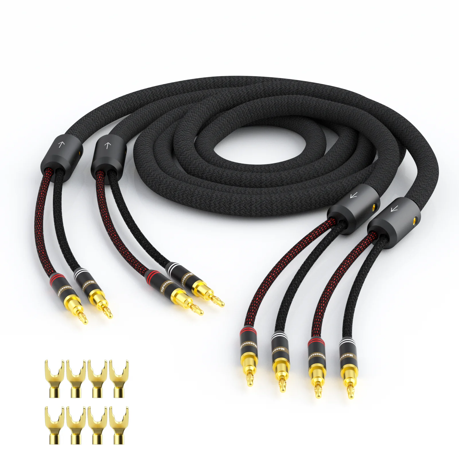 Monosaudio Loudspeaker Cables 12AWG HiFi Audiophile Speaker Cable 8 Pcs Banana Blugs+ 8 Pcs Y Spade Blugs for Amplifter