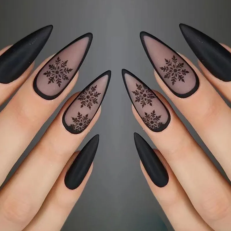 Sexy Charm Woman Black Frosted Snowflake Wearable Almond Shape Fake Nails Art Full Cover Finished False Nail Press on Nails Glue