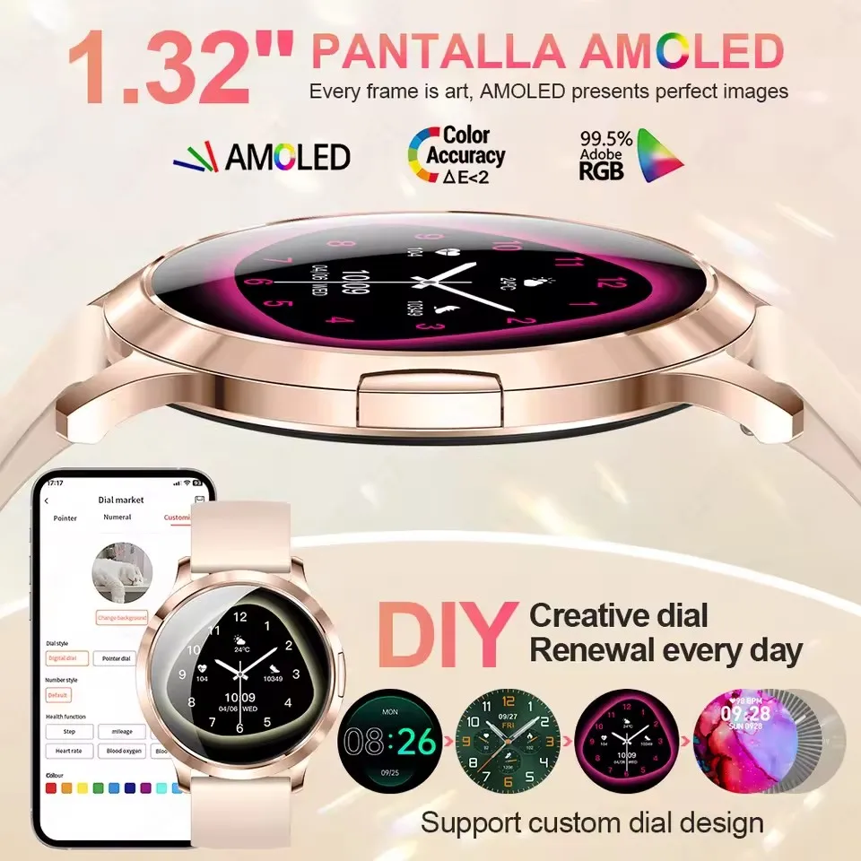 2025New 7.3 مللي متر الترا سليم HD AMOLED ساعة ذكية شاشة نسائية دائما عرض الوقت معدل ضربات القلب BT الاتصال الراقية موضة Smartwatc