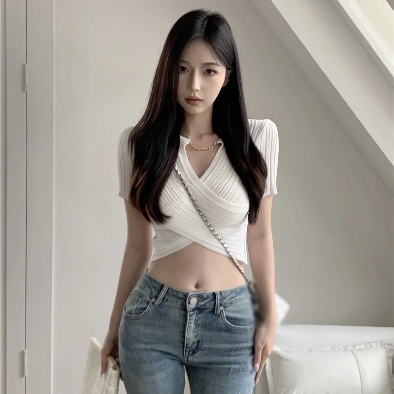 Knitted Irregular V Neck Female Tees Slim Crop Sexy Tops New Women Korean Version Solid Color Short T Shirts