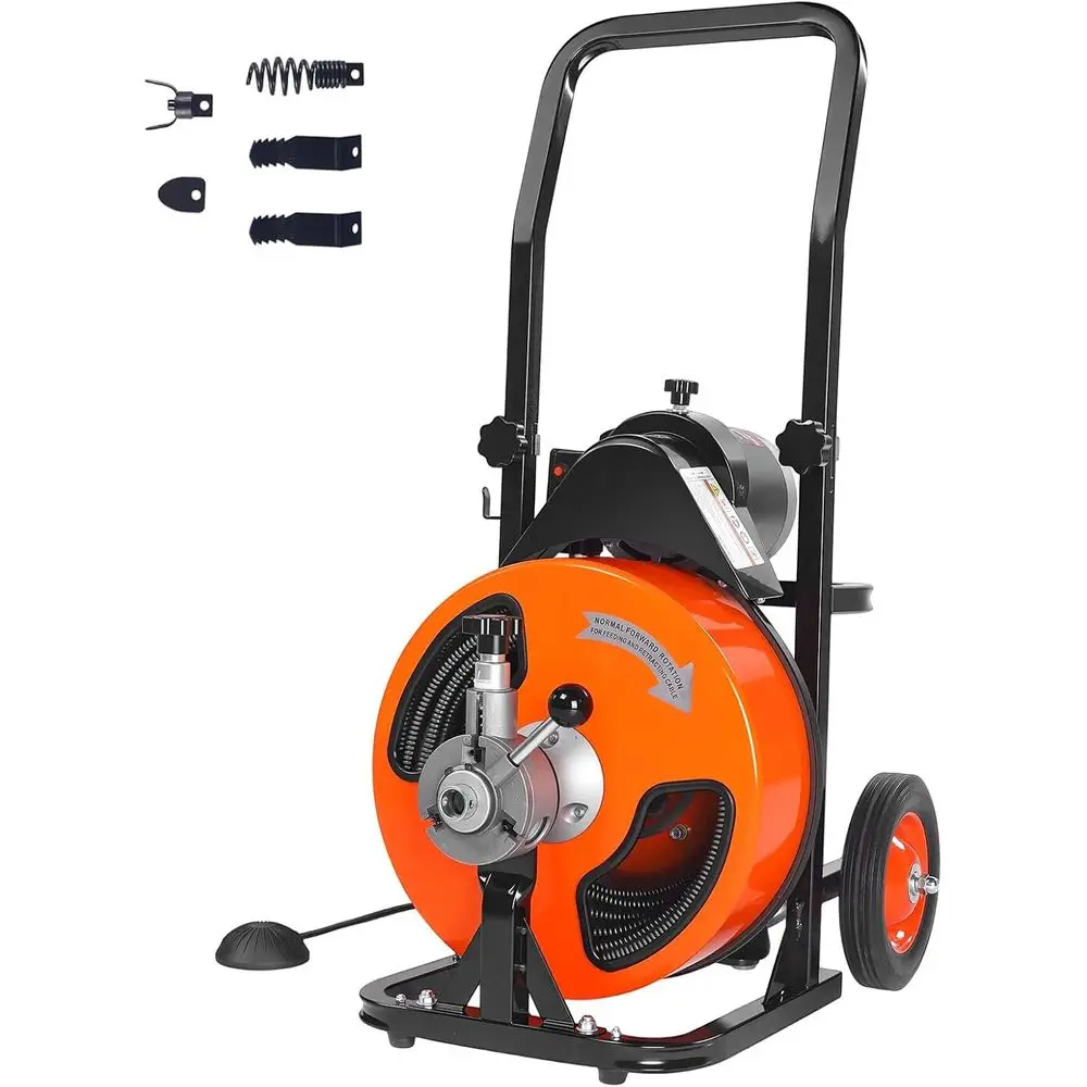 

Drain Cleaning Machine 50 FT x 1/2 Inch, Sewer Auger Auto Feed with 4 Cutter & Air-activated Foot Switch for 2 to 4 Pipes, Orang