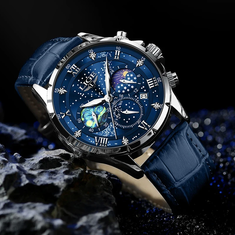 LIGE Mens Watch Luxury Waterproof Male Clock Moon Phase Date Casual Blue Leather Quartz Wrist Watch Men Chronograph Montre Homme